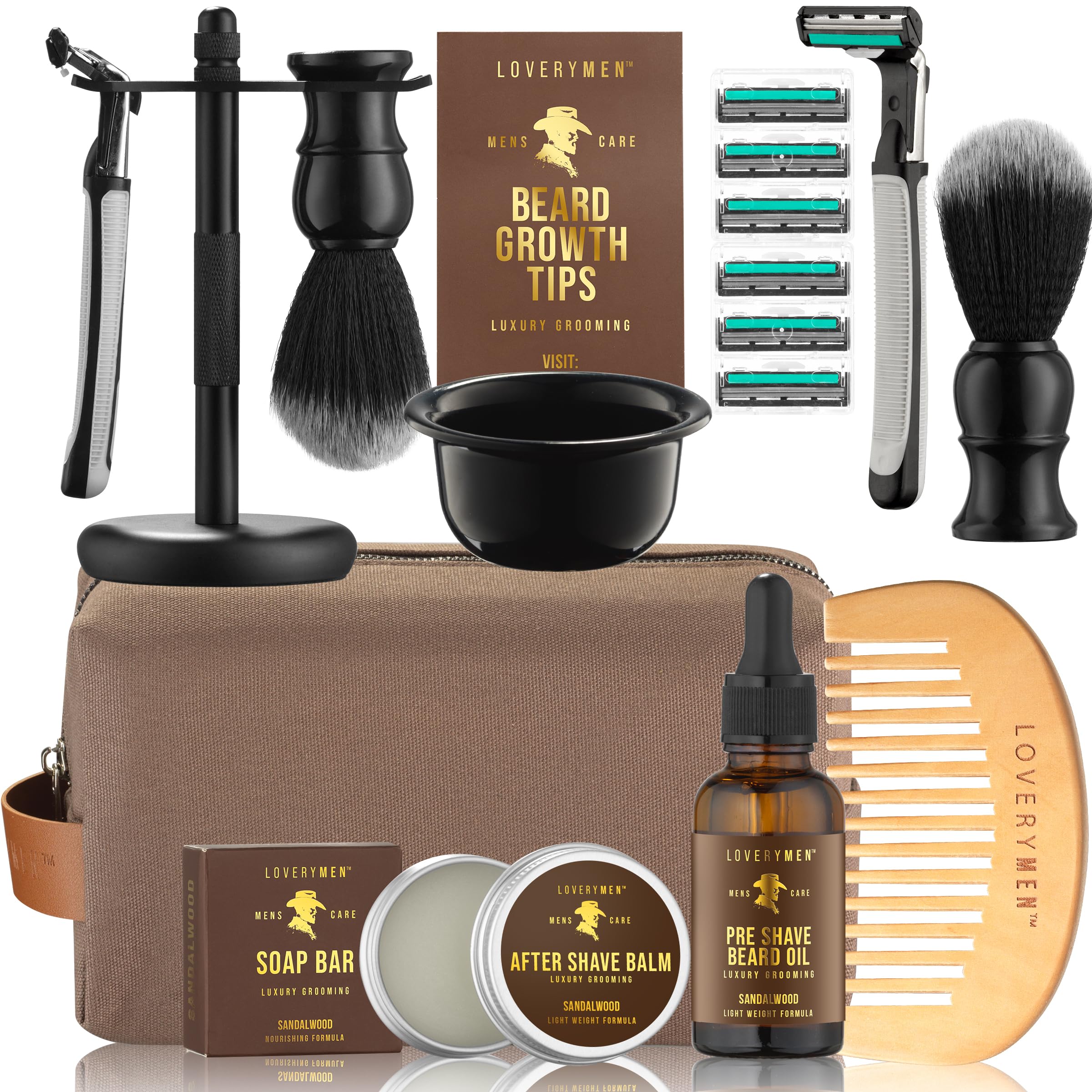 Deluxe Shaving Kit for Men, Gifts for Men, 17pc Shaving Brush Kit with Double Edge Safety Razor, Razor Blades, Sandalwood Bar Soap, Preshave Beard Oil & More, Mens Beard Kit, Birthday Gift - Image 6